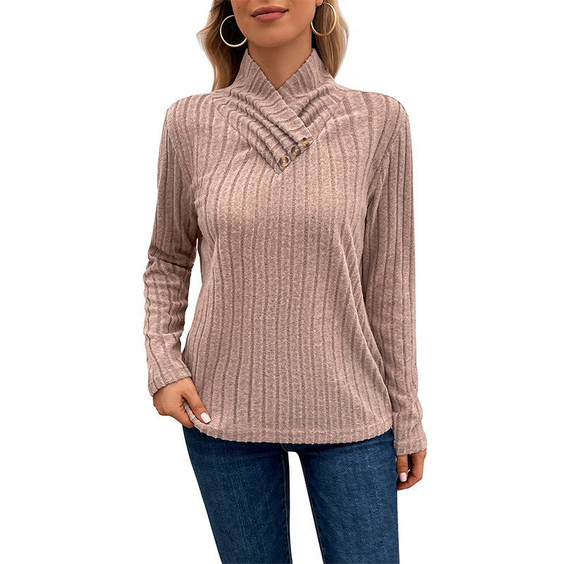 Damen Strickpullover Hochkragen Knopfdetails Eveloria