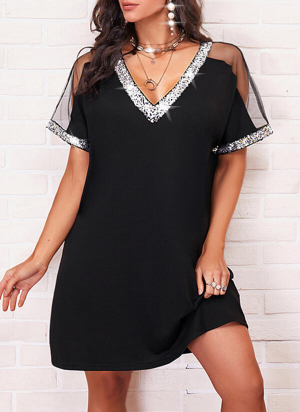 Damen Freizeitkleid V-Ausschnitt Transparent Schulterpartie Eveloria - Eveloria