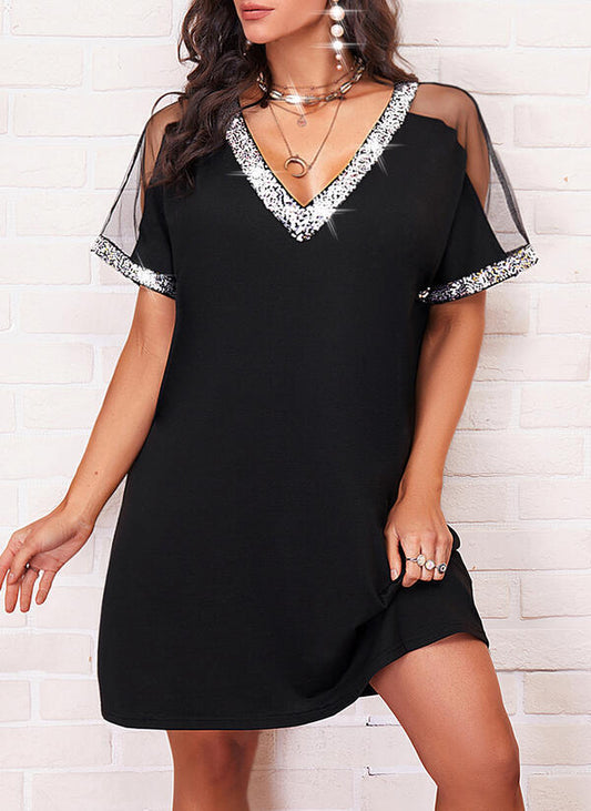 Damen Freizeitkleid V-Ausschnitt Transparent Schulterpartie Eveloria - Eveloria