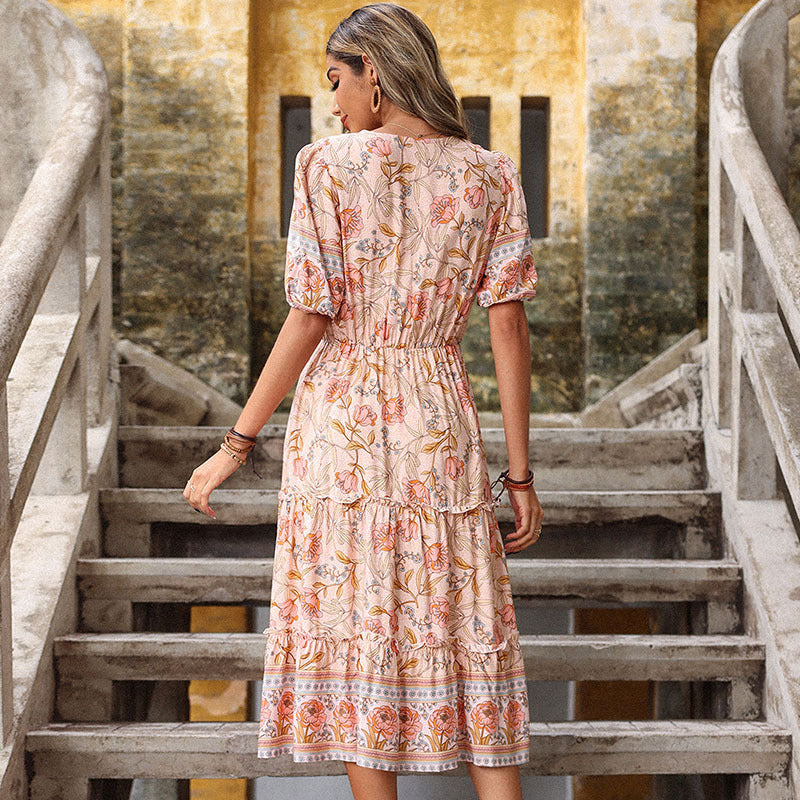 Damen Wickelkleid Florale Rüschen Taillengürtel