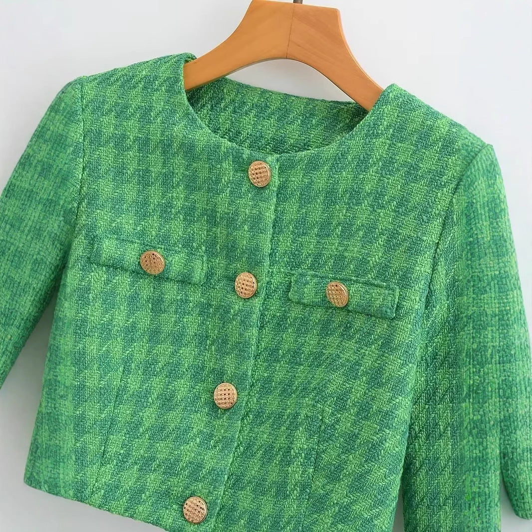 Damen Bouclé-Jacke Kurz Karomuster Elegant