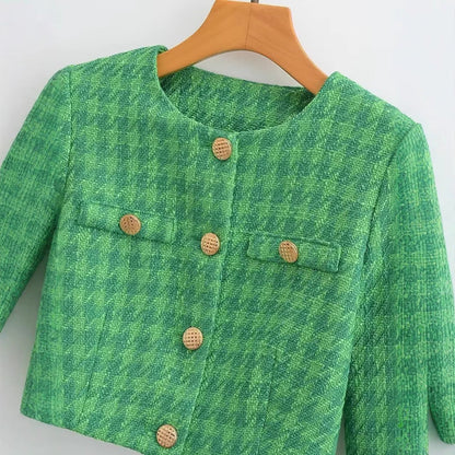 Damen Bouclé-Jacke Kurz Karomuster Elegant