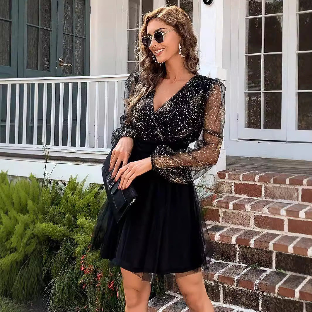 Damen Cocktailkleid Glitzerndes Oberteil Transparente Ärmel