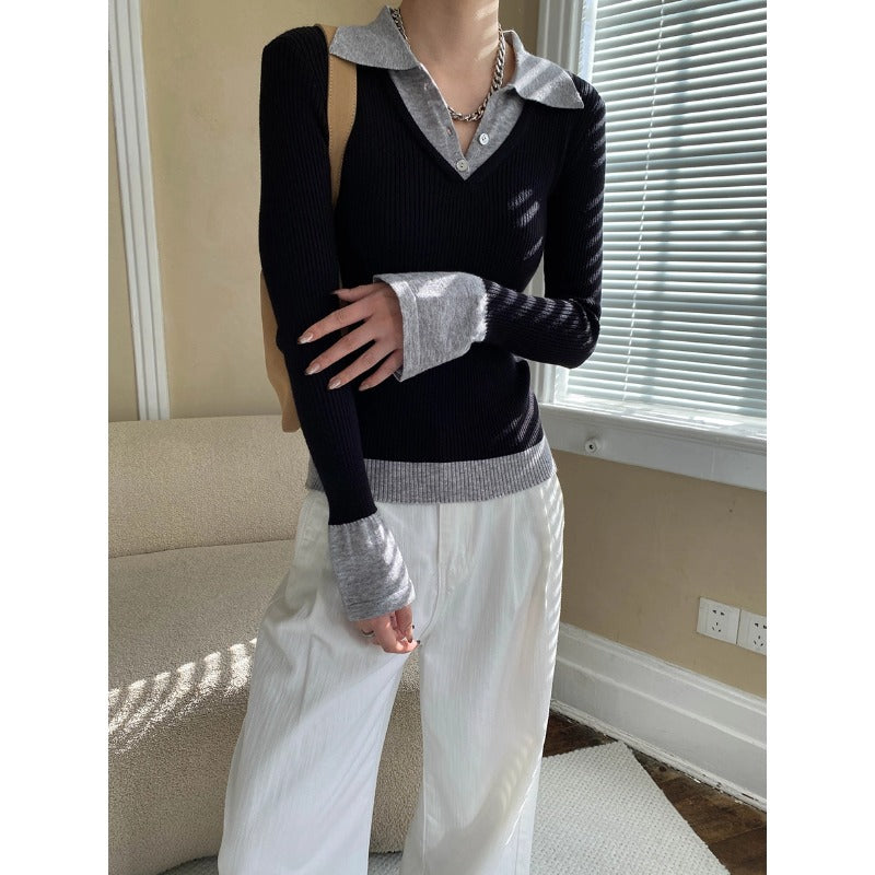 Damen Longsleeve Figurbetont Eleganter Kragen Eveloria - Eveloria