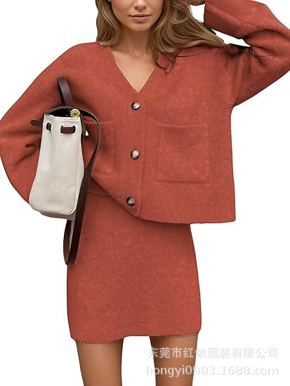 Damen Strickensemble V-Ausschnitt Knopfdetail Beige