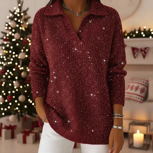 Damen Strickpullover Schimmer Effekt Moderner Kragen Eveloria - Eveloria