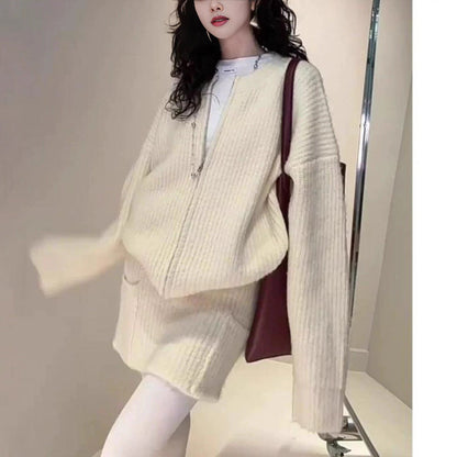 Damen Strickjacke Oversize Dekoratives Muster Beige