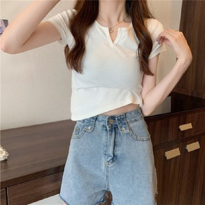 Damen T-Shirt Cropped Baumwolle Figurbetont Dunkelblau