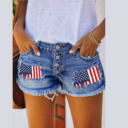 Damen Vintage-Shorts Jeans mit Flaggen-Applikationen Blau