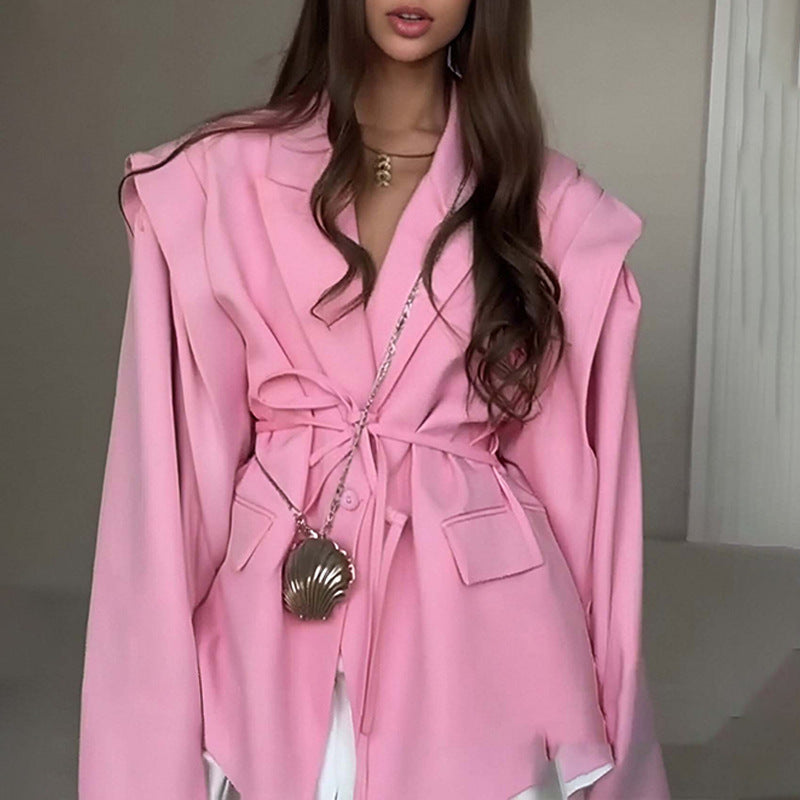 Damen Oversized Blazer mit Taillengürtel und Puffärmeln