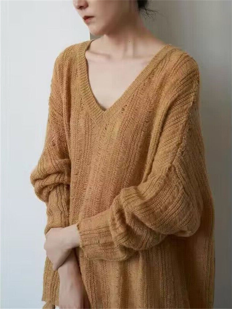 Damen Grobstrickpullover V-Ausschnitt Modisch