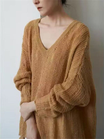 Damen Grobstrickpullover V-Ausschnitt Modisch