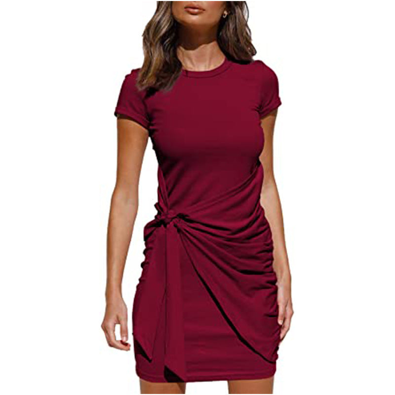 Damen Wickelkleid Kurzarm Raffung Knoten Detail Eveloria
