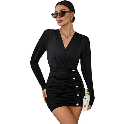 Damen Minikleid Raffung V-Ausschnitt Eveloria