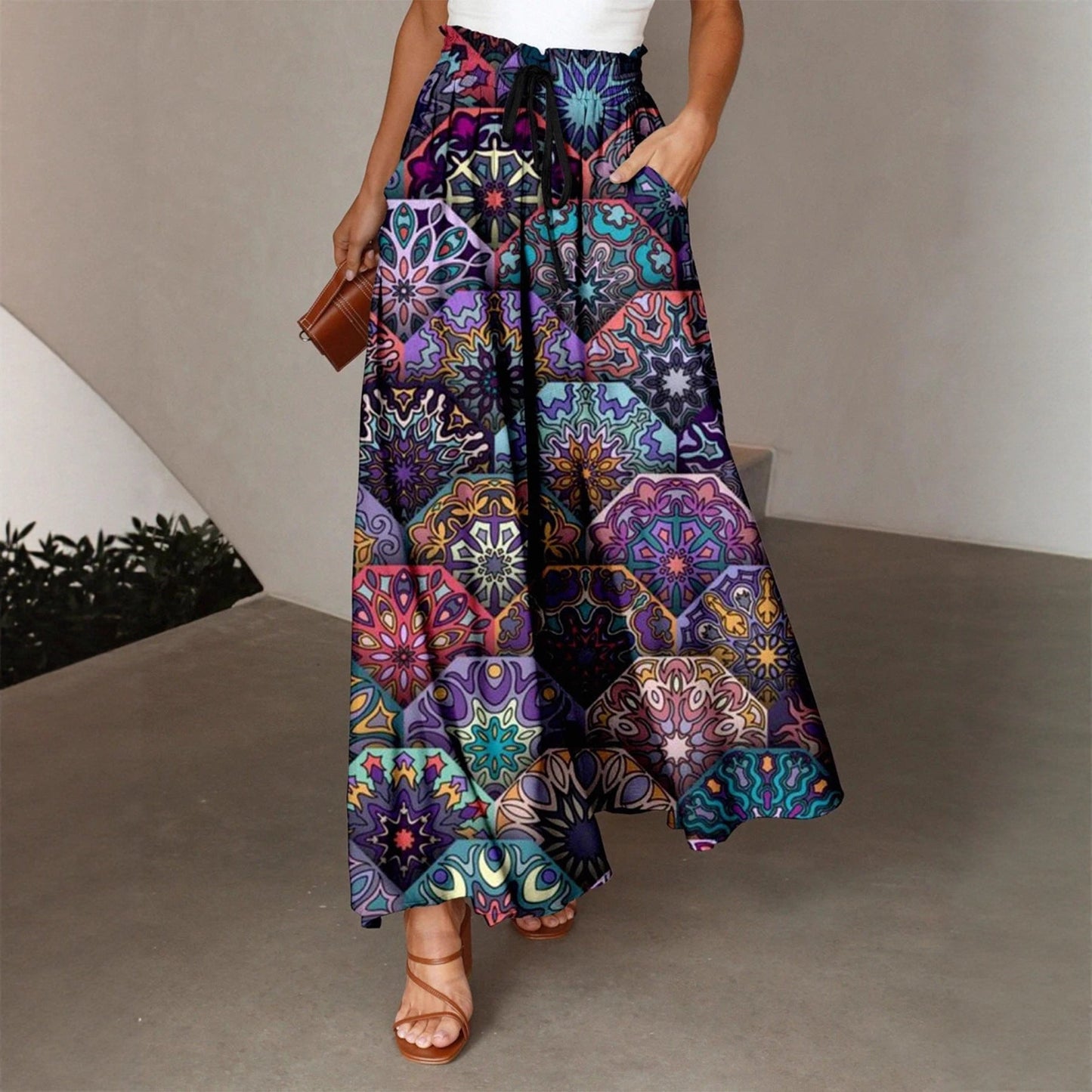 Damen Maxirock Bunt Mandala Muster Seitentaschen