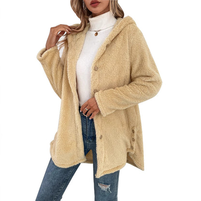 Damen Übergangsjacke Flauschig mit Kapuze und Knöpfen Eveloria