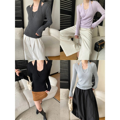 Damen Strickpullover V-Ausschnitt mit Cut-Outs Elegant