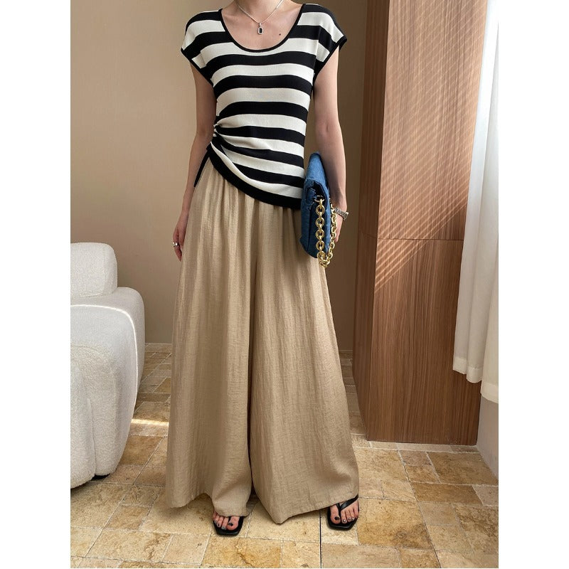 Damen Weite Hose Elastischer Bund Seitentaschen Beige