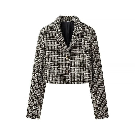 Damen Blazerjacke Kurz Tweed Elegant Schwarz - Eveloria