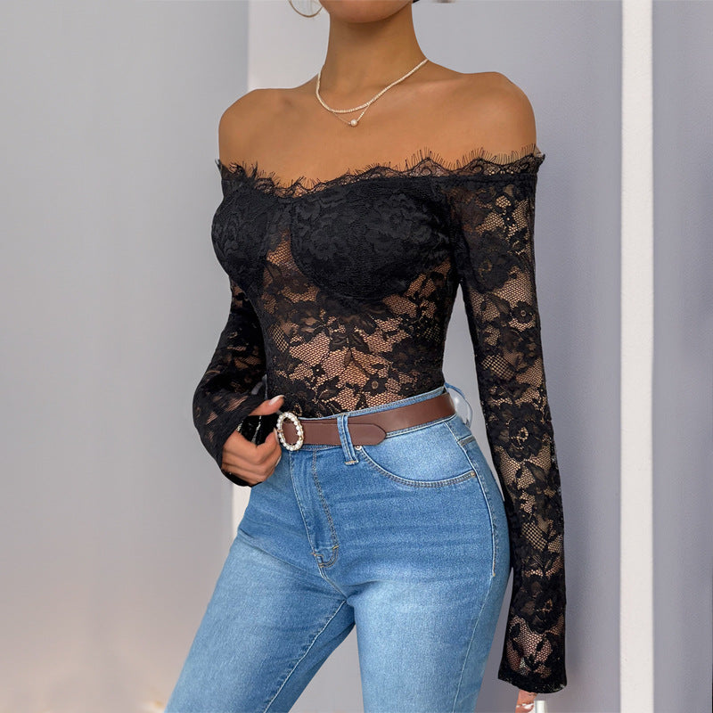 Damen Spitzenbody Off-Shoulder-Ausschnitt Langer Ärmel