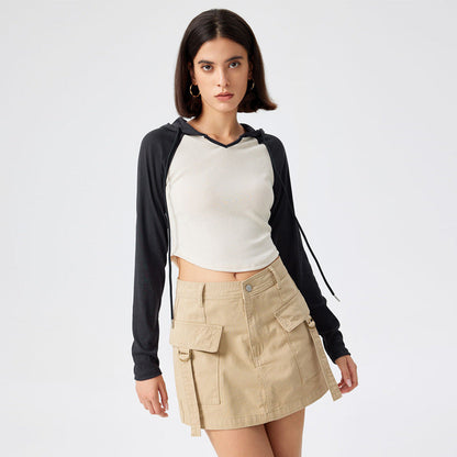 Damen Cropped Sportoberteil Kapuze Längsärmelig Eveloria