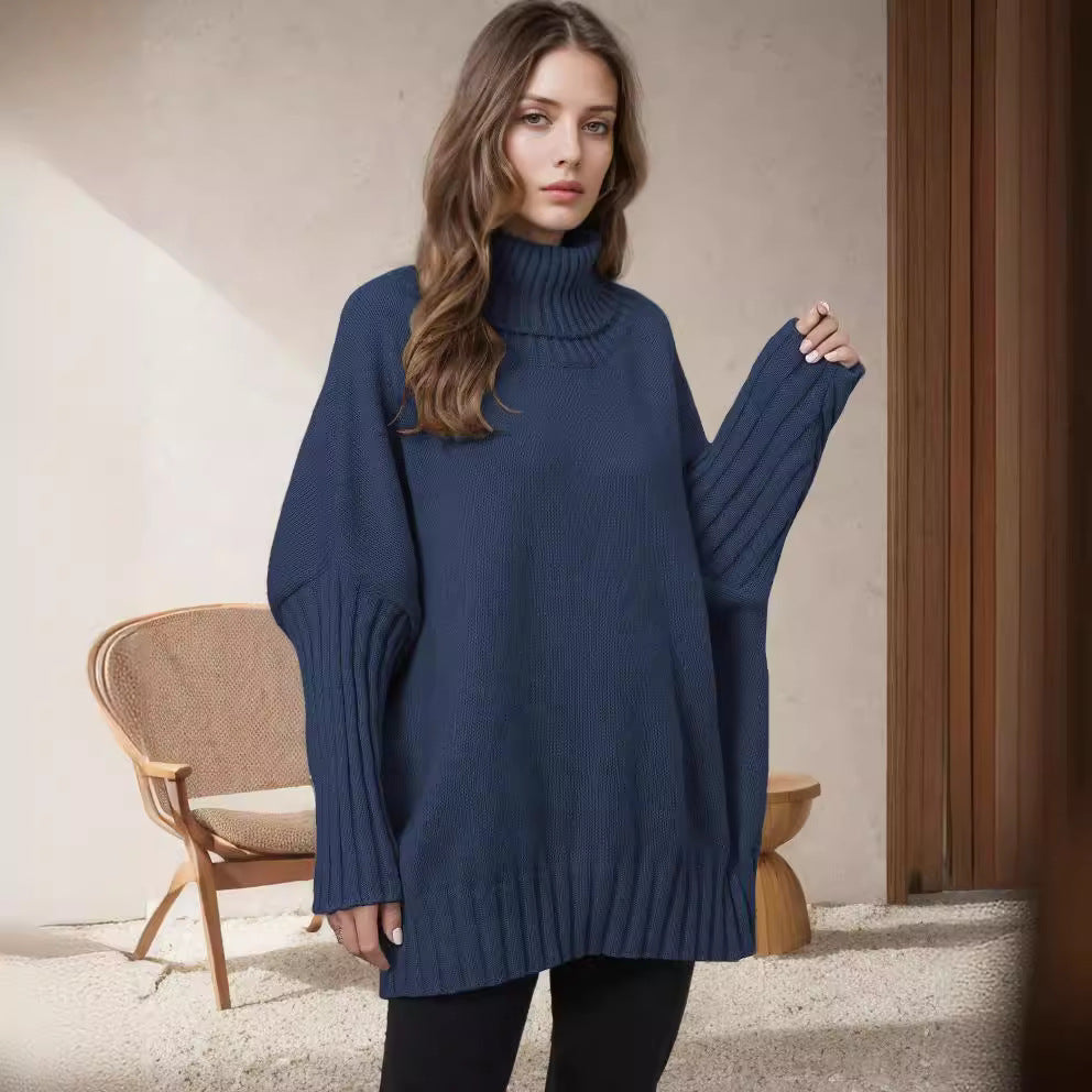 Damen Oversized Strickpullover Hochkragen Voluminöse Ärmel