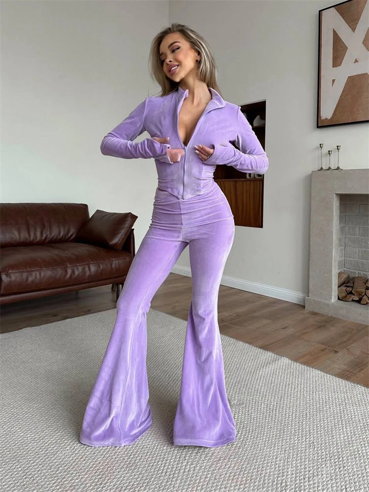 Damen Fleece Jogginganzug Elegant Reißverschluss Ausgestellte Beine