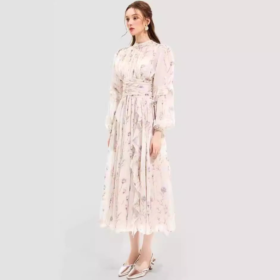 Damen Midi-Kleid Florale Stickerei Rüschensaum Eveloria