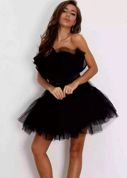 Damen Tüllkleid Asymmetrisch Voluminöse Rüschen