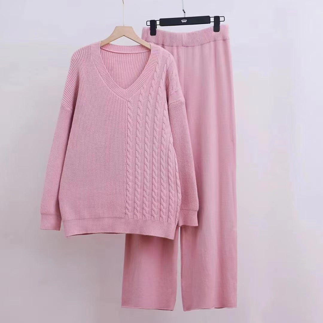 Damen Feinstrickpullover und weite Hose V-Ausschnitt Zopfdesign