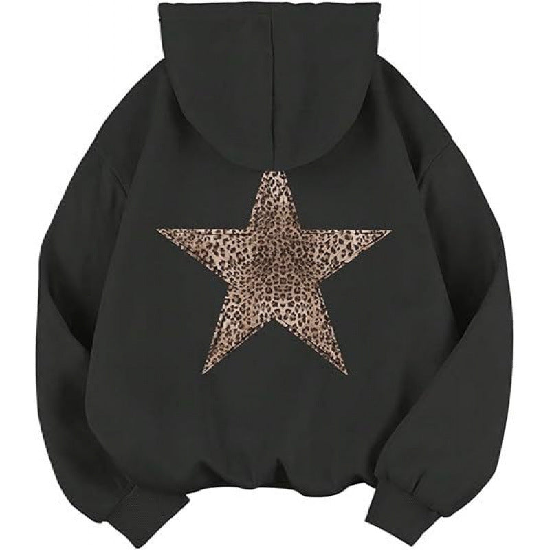 Damen Kapuzensweater Leopardstern-Design Baumwolle Entspannt