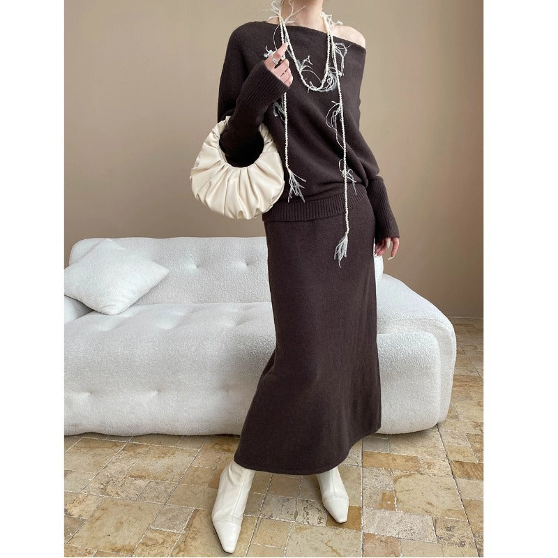 Damen Strick-Maxikleid Asymmetrisch Lässig Eveloria