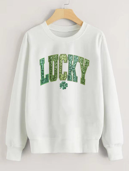 Damen Sweatshirt Glitzernd Kleeblattmotiv Grau Eveloria