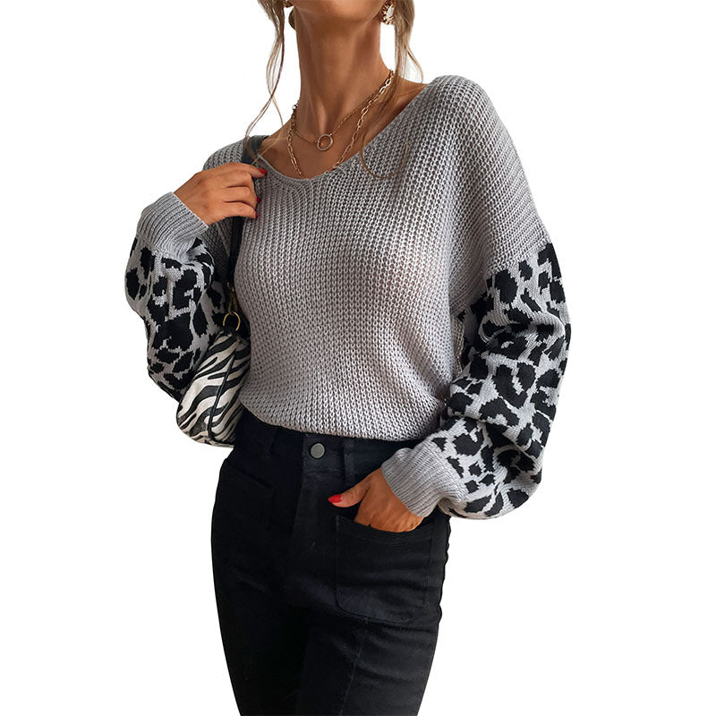 Damen Strickpullover Animal-Print Ärmel