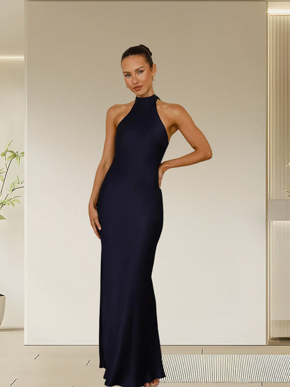 Damen Satin Maxikleid Hochkragen Körpernah Eveloria