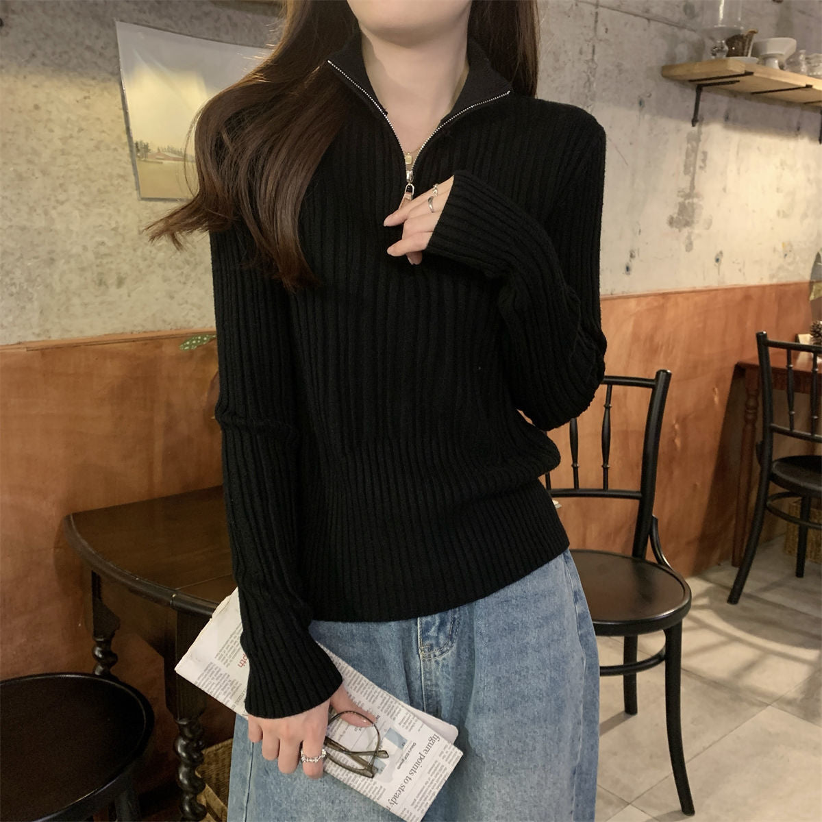 Damen Sweatshirt Stehkragen Elegant Geschnitten Eveloria
