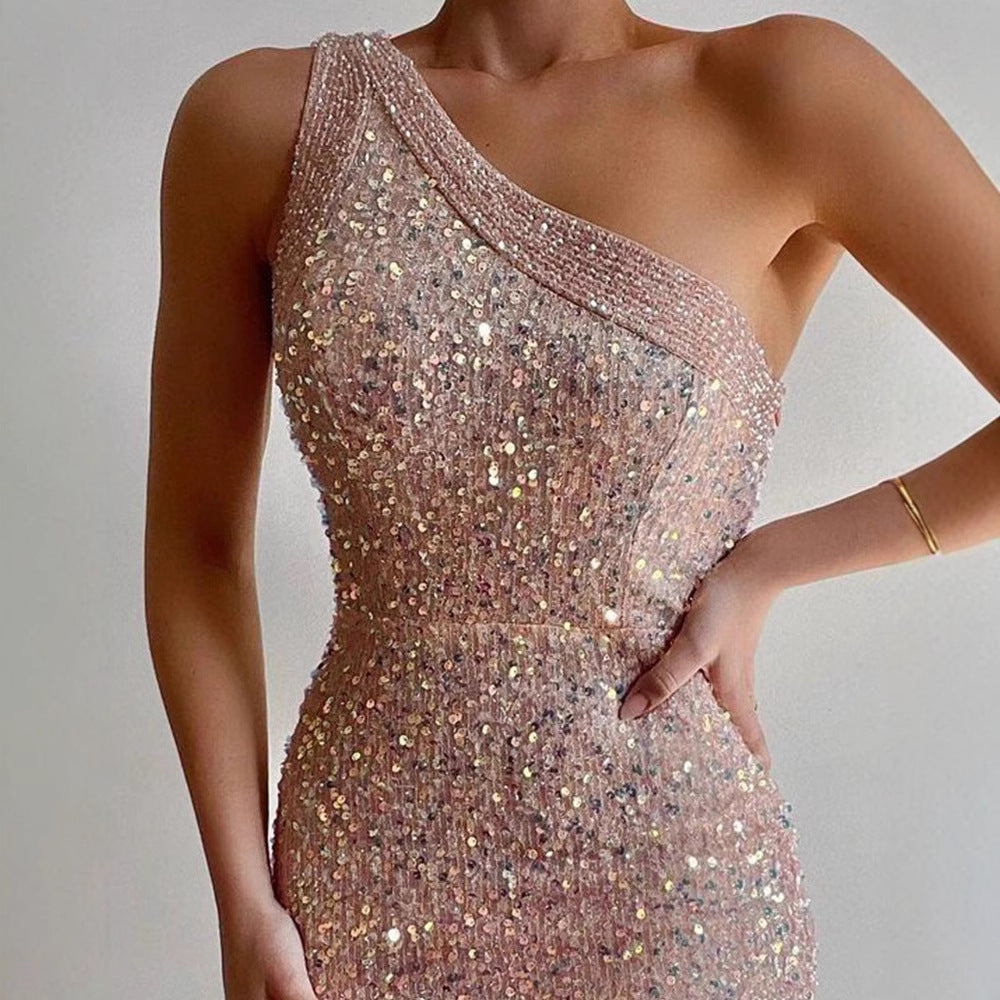Damen Abendkleid Asymmetrisch Hochschlitz Schimmernd Eveloria