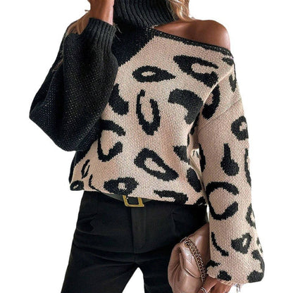 Damen Strickpullover Leopardenmuster Stehkragen Eveloria