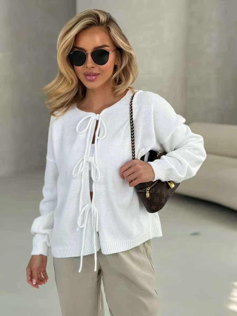 Damen Strickpullover Lässig Schnürdetails Beige