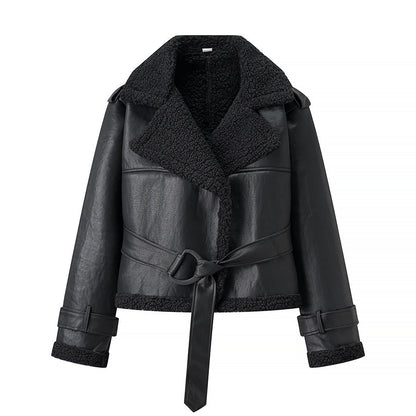 Damen Kunstlederjacke Teddyfutter Bindegürtel