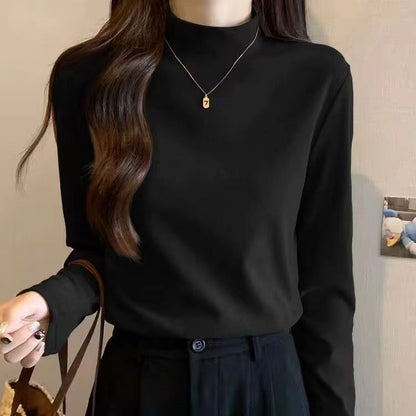 Damen Langarmshirt Feine Struktur Hochgeschlossener Kragen Schwarz - Eveloria