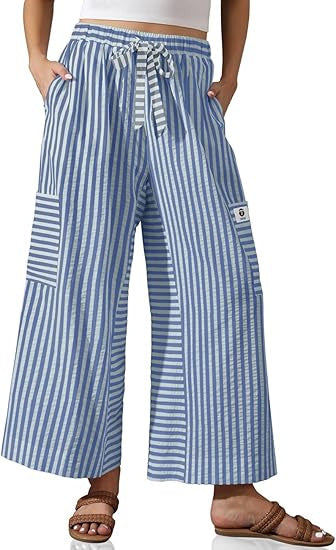 Damen Palazzo-Hose Gestreift Bequem Mit Taschen weiß