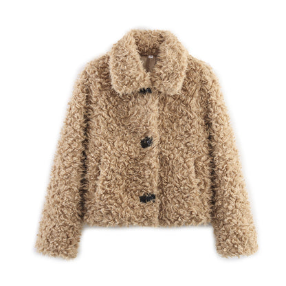 Damen Teddyjacke Kuschelig Knopfverschluss Beige Eveloria