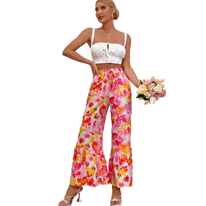Damen Palazzo-Hose Bunt Blumen Rüschendetails
