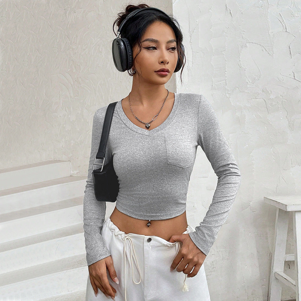 Damen Langarmshirt V-Ausschnitt Baumwolle Figurbetont Eveloria