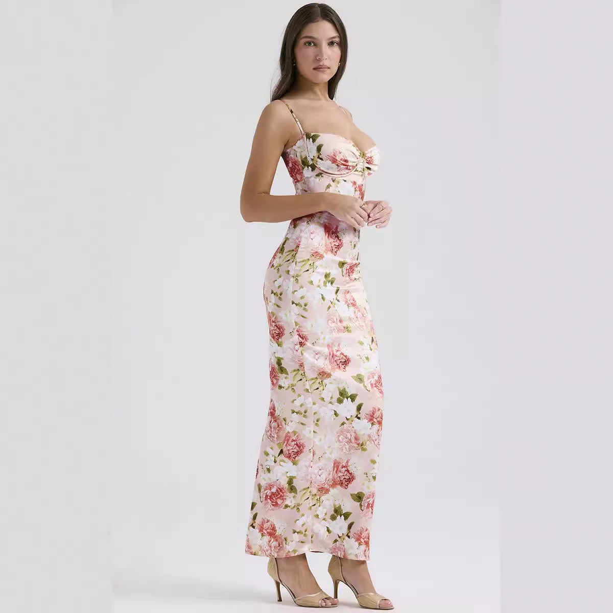 Damen Maxikleid Floral Design Spaghettiträger Eveloria