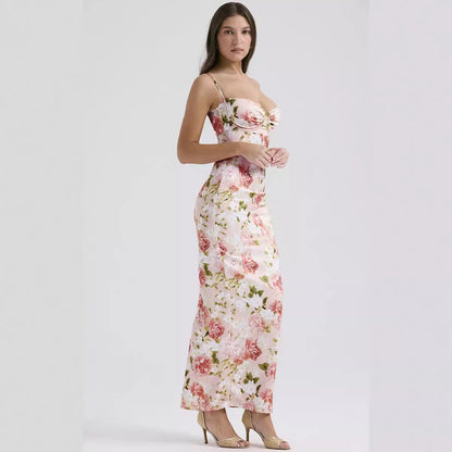 Damen Maxikleid Floral Design Spaghettiträger Eveloria