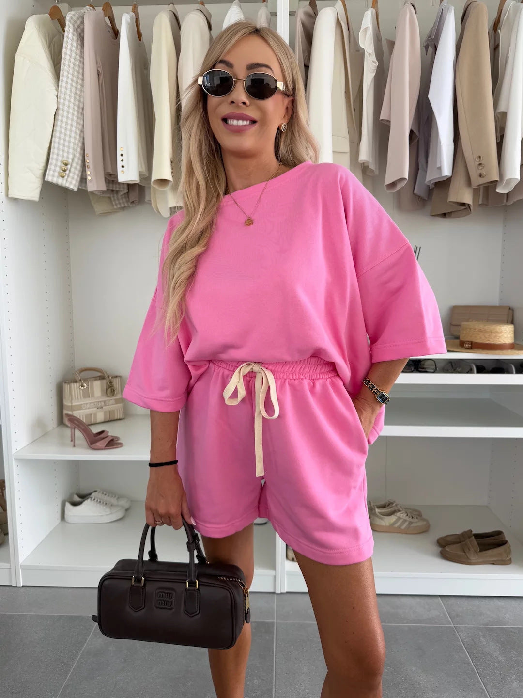 Damen Oversize T-Shirt Set mit Shorts und verstellbarem Taillenzug