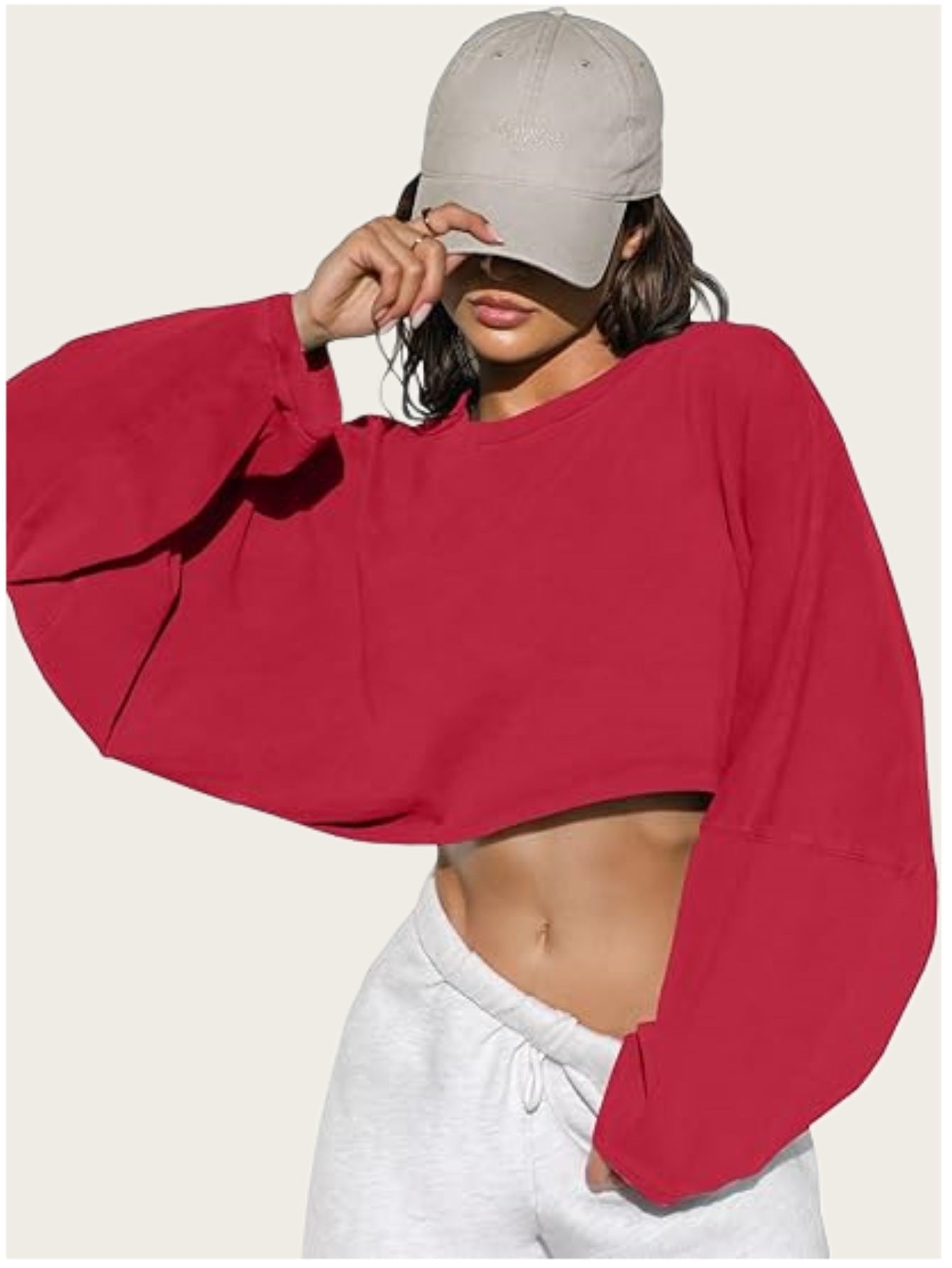 Damen Cropped Sweatshirt Voluminöse Ärmel Lässiger Schnitt Grau