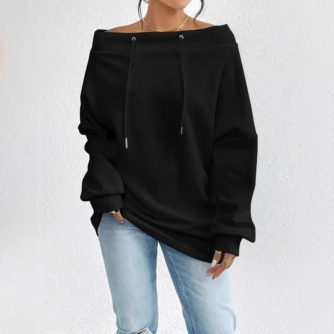 Damen Oversized Pullover Offener Kragen Kordelzüge Beige
